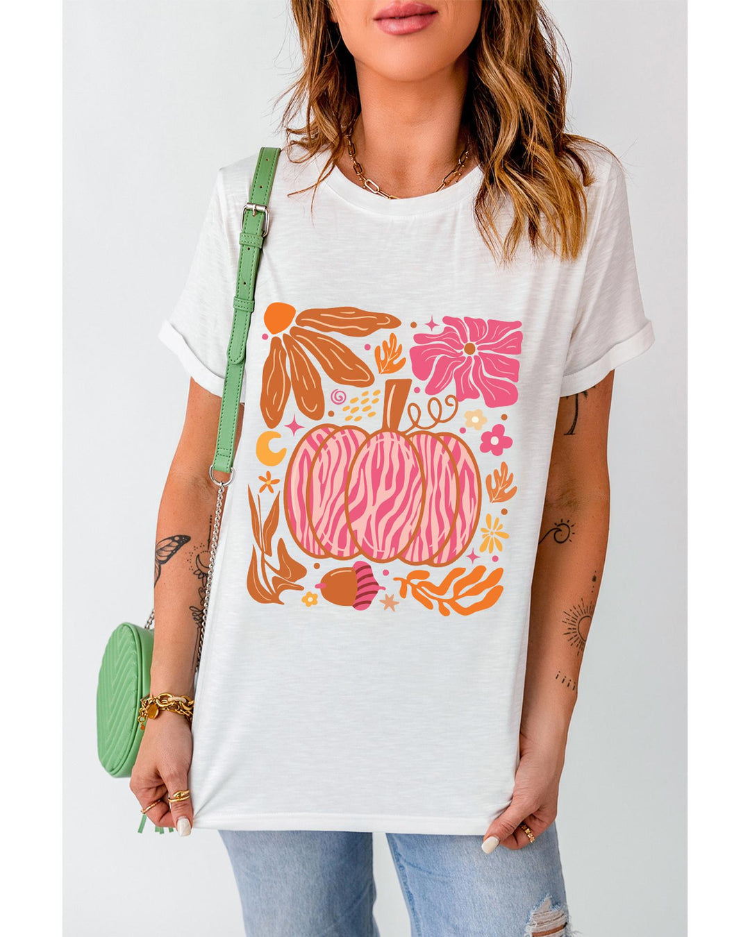 White Floral Pumpkin Printed Crewneck Thanksgiving T Shirt - 2XL