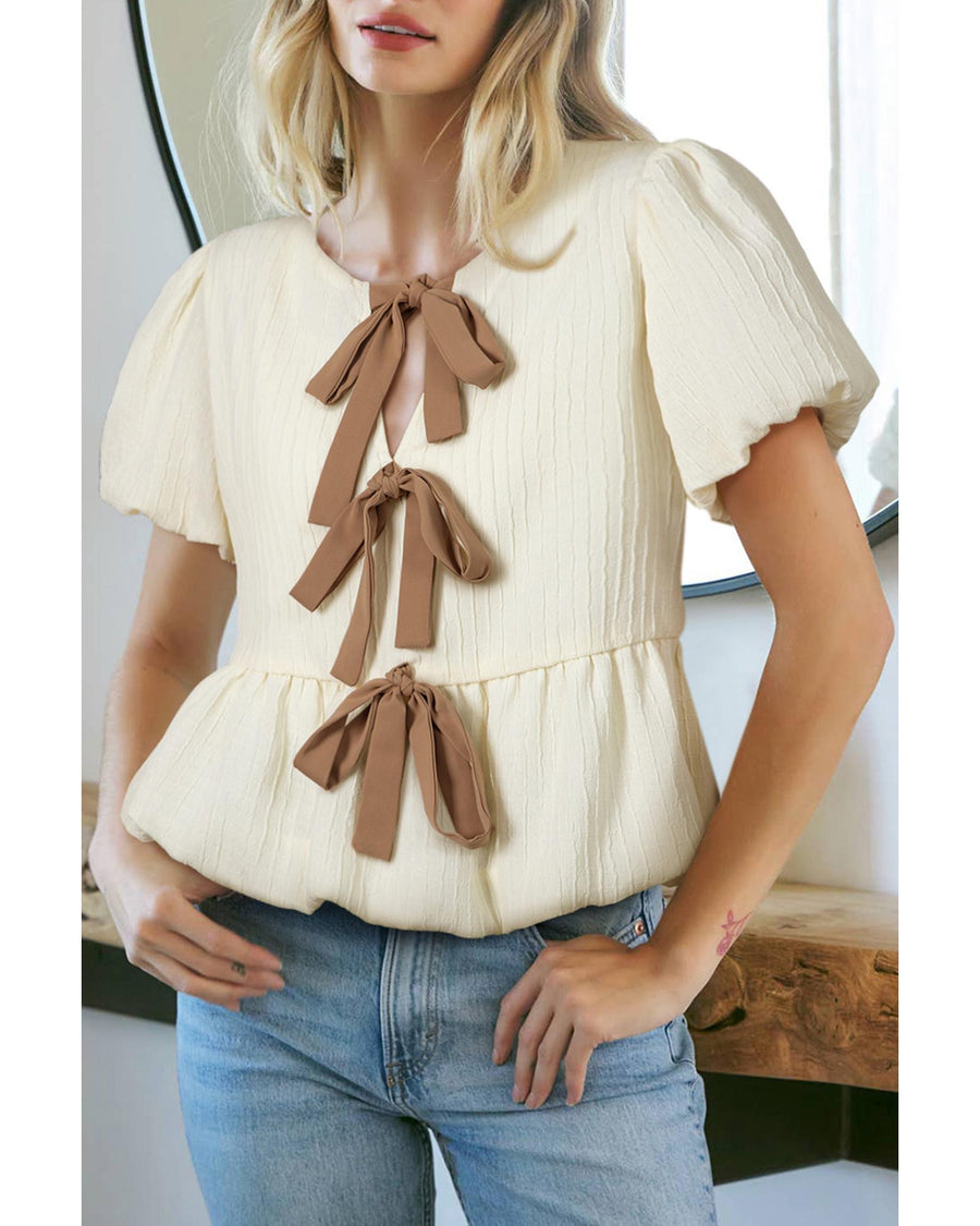 White Textured Bow Ties Front Bubble Hem Puff Short Sleeve Blouse - L