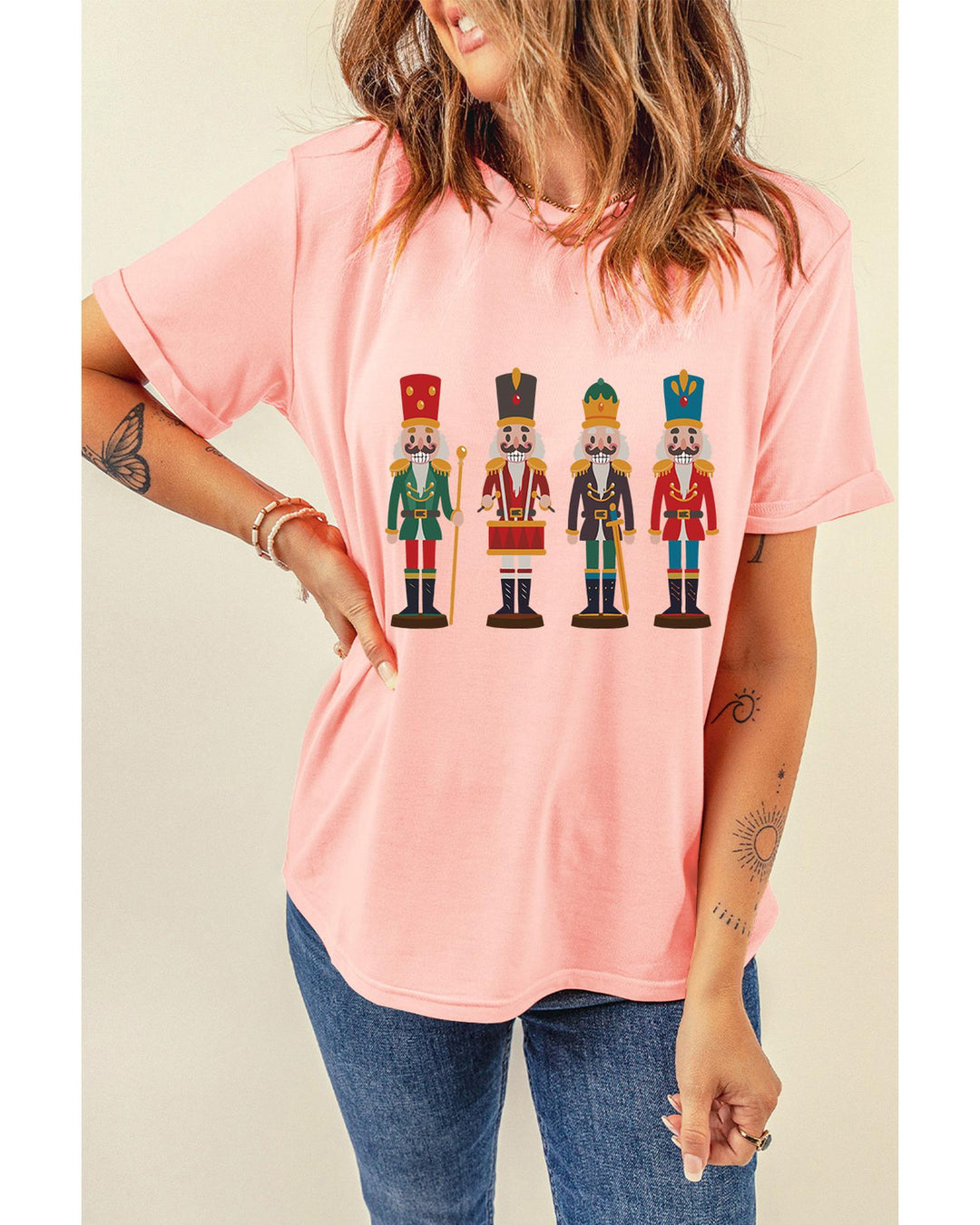 Pink Cute Nutcracker Graphic Crewneck Christmas T Shirt - XL