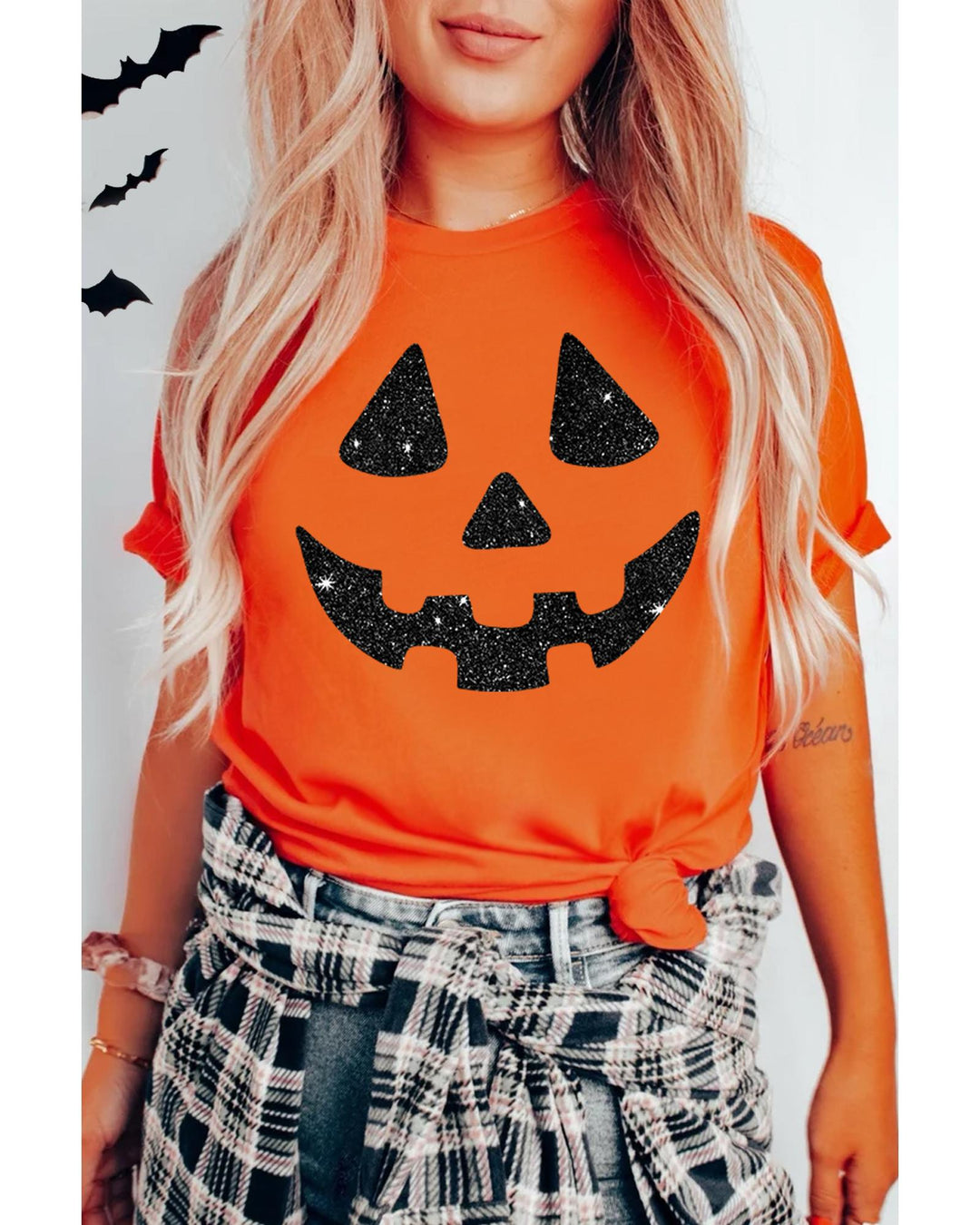 Orange Glittering Pumpkin Face Graphic Crewneck T Shirt - S