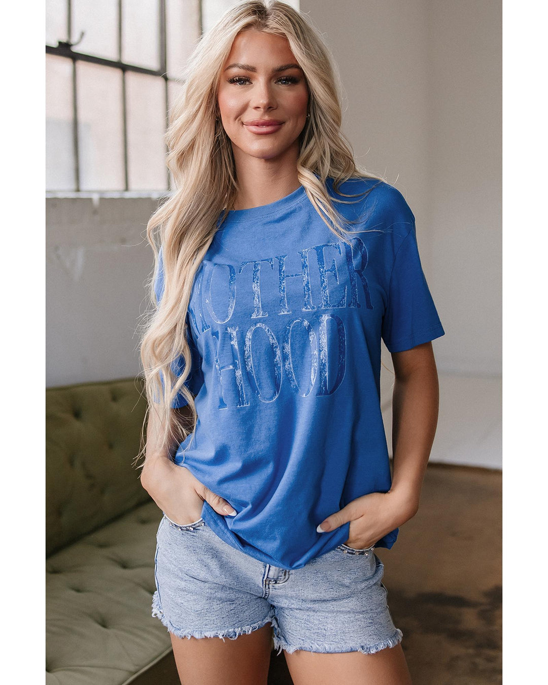 Sky Blue Vintage MOTHERHOOD Letter Graphic T Shirt - L