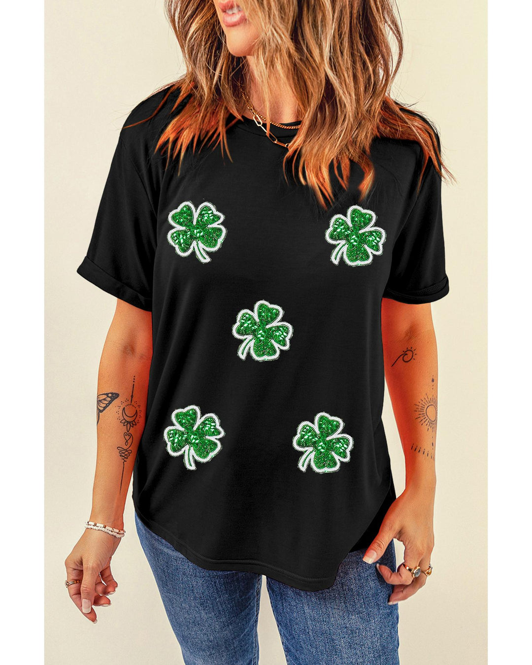 Black Four Leaf Clover Graphic St. Patricks Crewneck Tee - XL