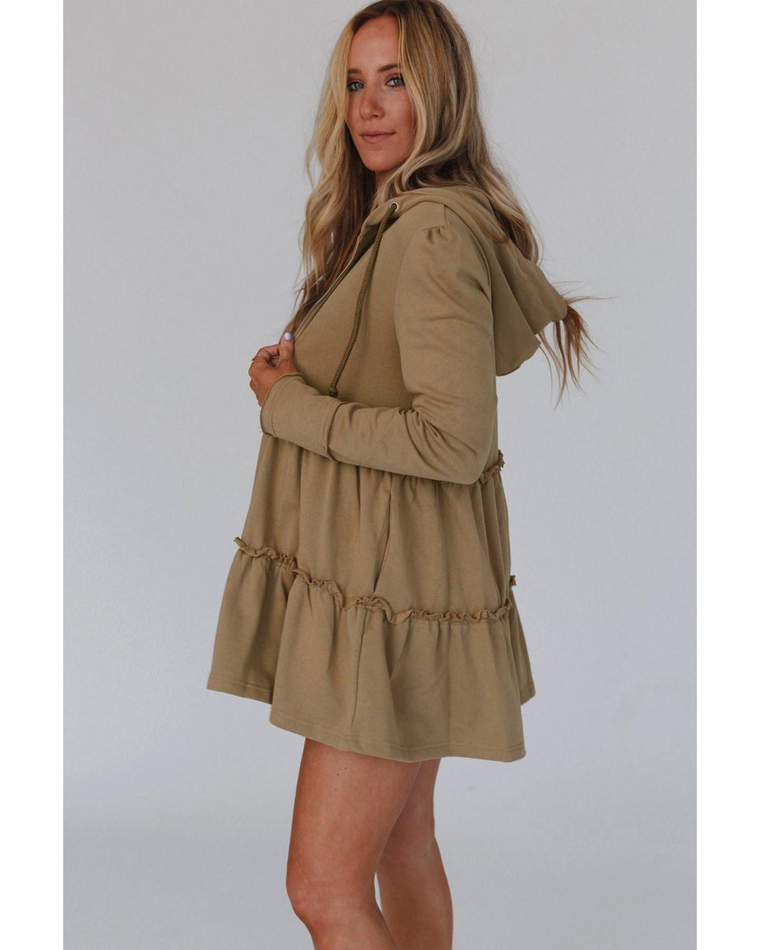 Khaki Tiered Ruffled Zip-Up Drawstring Hooded Jacket - L