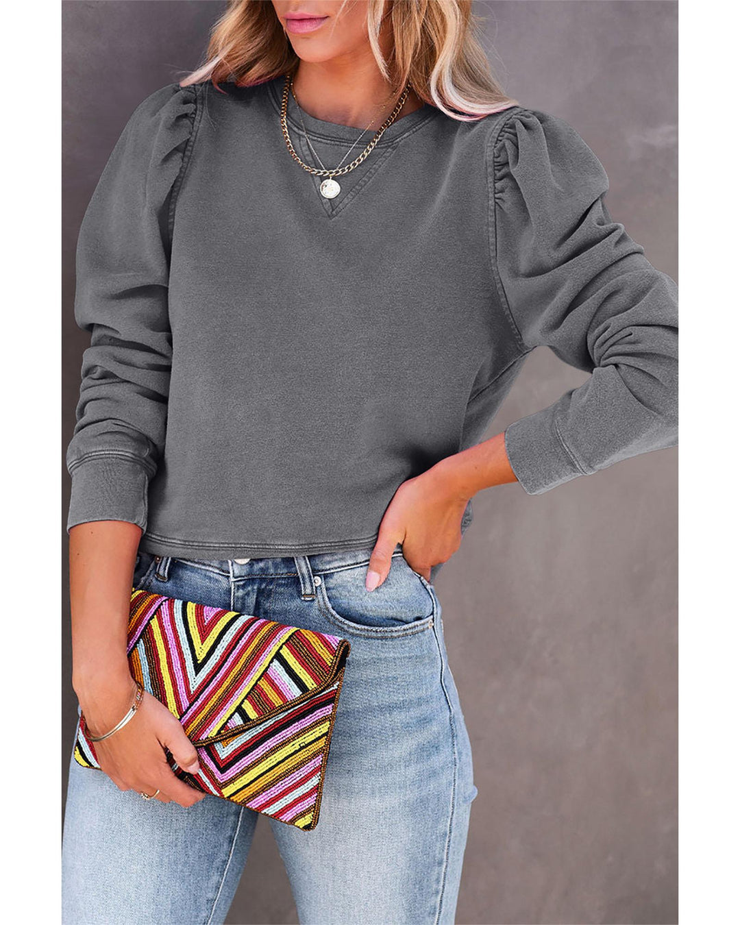 Azura Exchange Vintage Washed Puff Sleeve Sweatshirt - XL