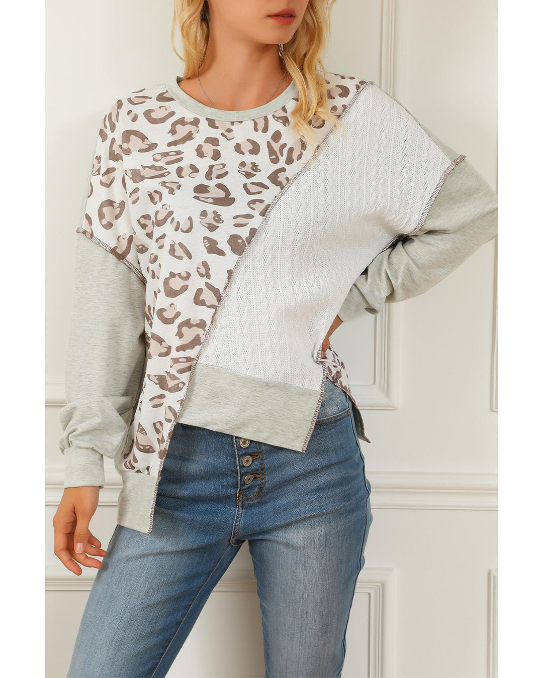 Asymmetrical Leopard Texture Splicing Loose Sweatshirt - M