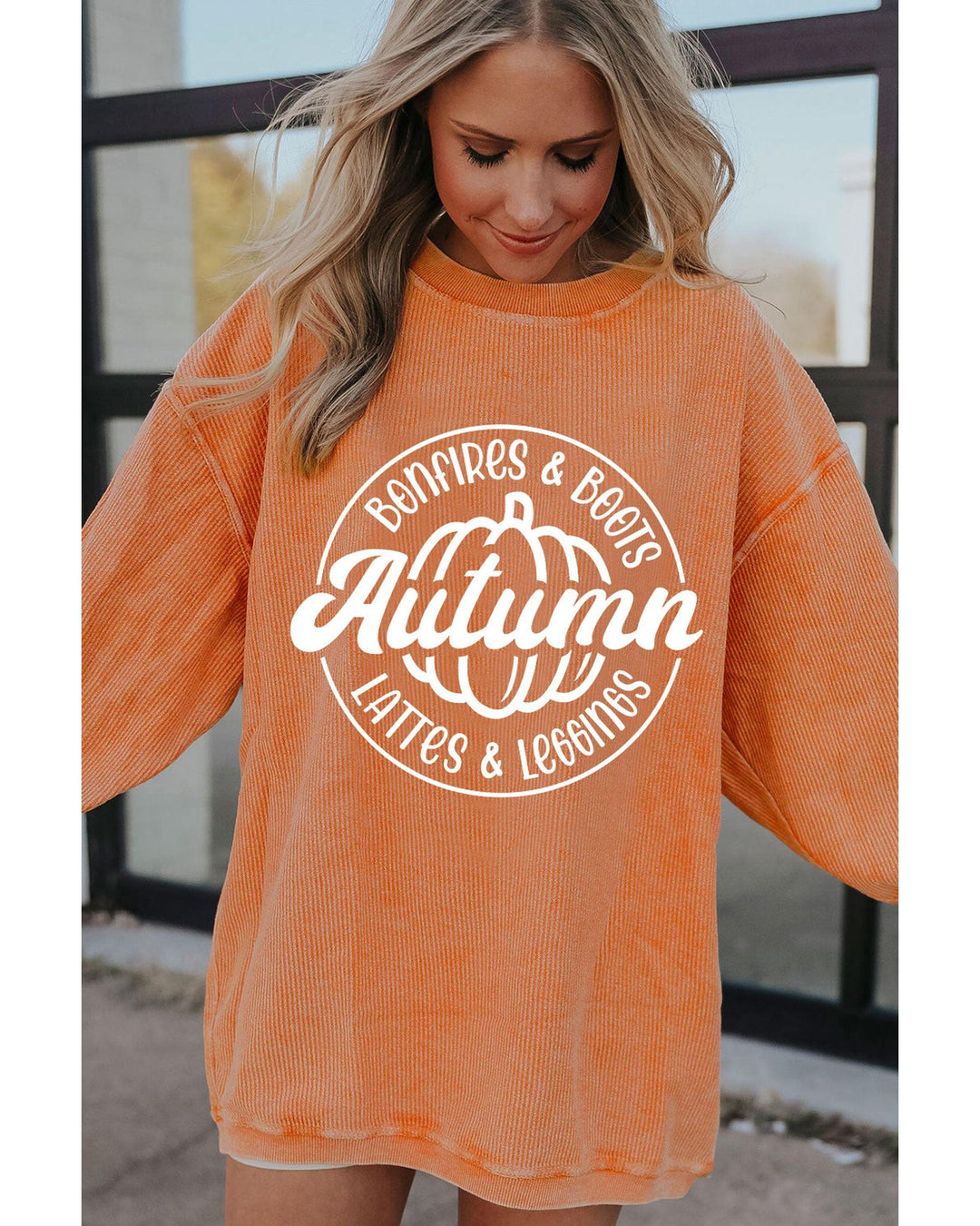 Orange Autumn Pumpkin Graphic Print Corded Oversized Sweatshirt - XL