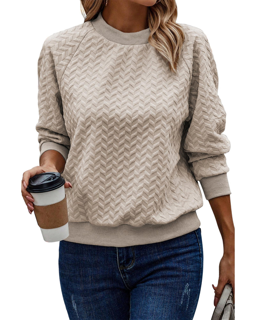 Beige Solid Textured Raglan Sleeve Pullover Sweatshirt - XL