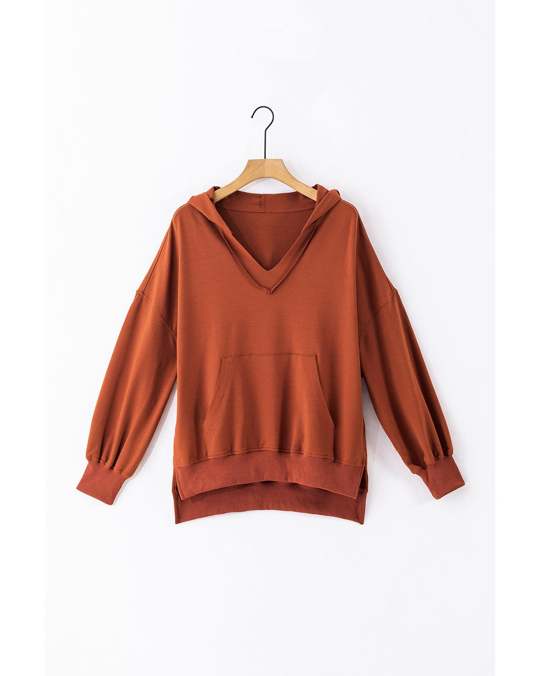 Chestnut V Neck Kangaroo Pocket Oversized Hoodie - S