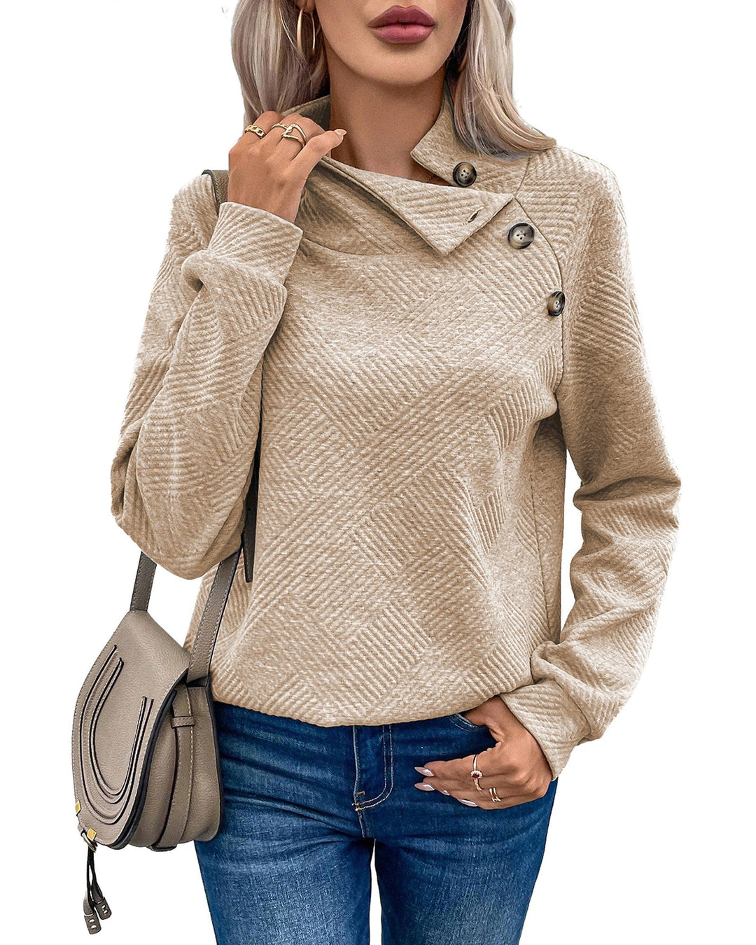 Apricot Asymmetric Buttons Detail High Neck Textured Sweatshirt - L
