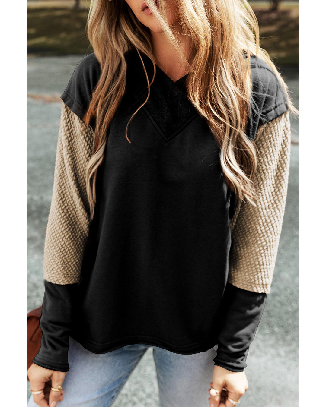 Black Contrast Sleeves Patchwork Colorblock Hoodie - L