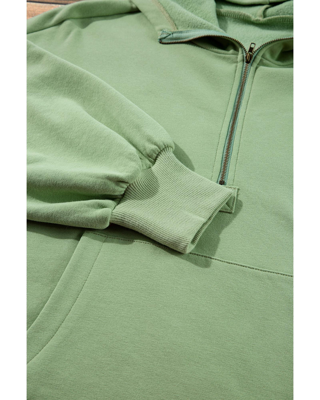 Smoke Green Fleece Lined Half Zipper Kangaroo Pockets Loose Hoodie - M