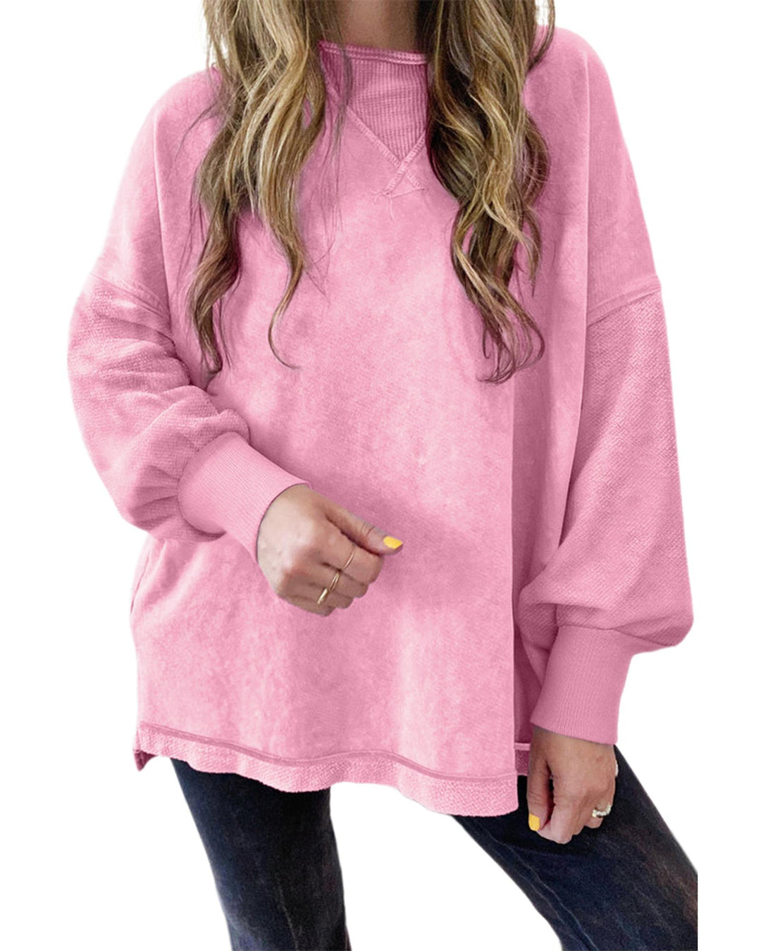 Strawberry Pink Mineral Wash Drop Shoulder Pullover Sweatshirt - M