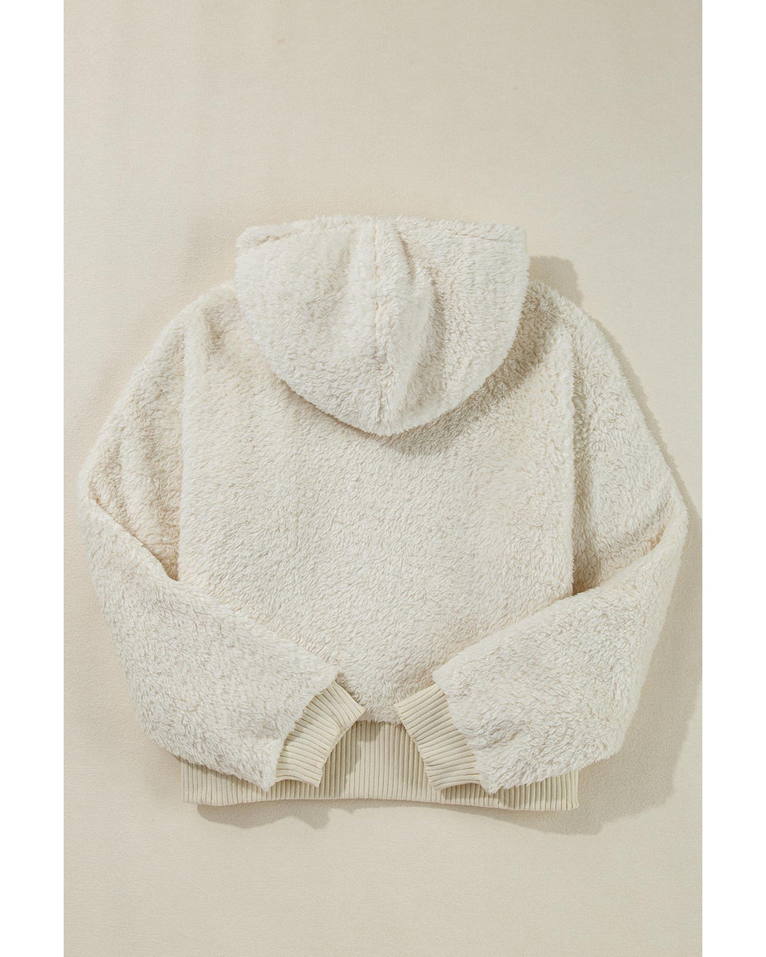 White Contrast Ribbed Edge Plush Hoodie - L