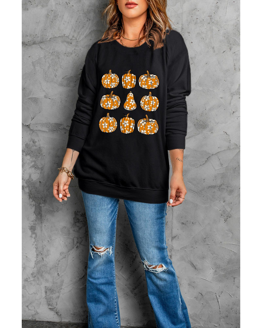 Black Floral Pumpkin Graphic Round Neck Halloween Sweatshirt - M