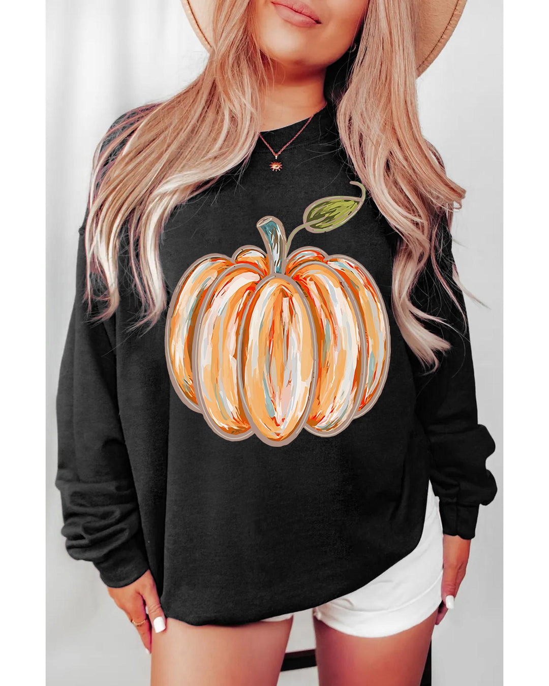 Black Thanksgiving Pumpkin Graphic Drop Shoulder Sweatshirt - M