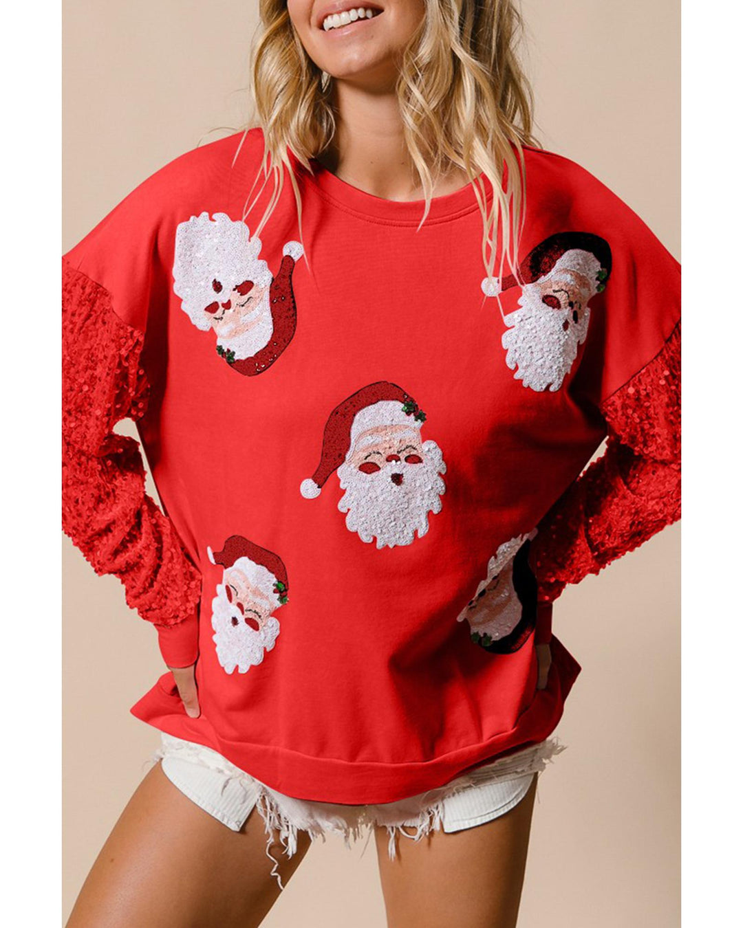 Fiery Red Sequined Santa Claus Long Sleeve Christmas Sweatshirt - 2XL