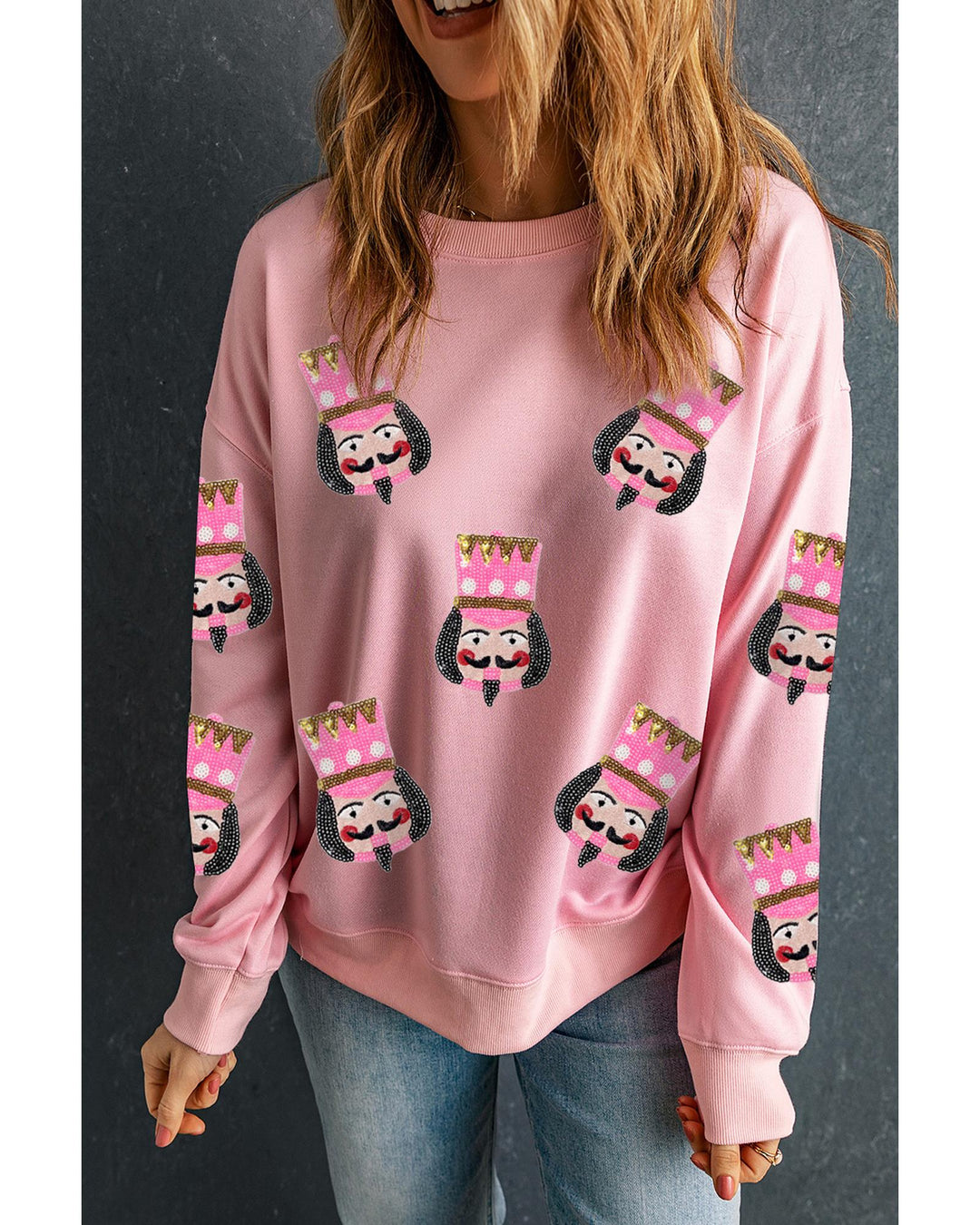Pink Sequin Nutcracker Graphic Drop Shoulder Christmas Sweatshirt - S