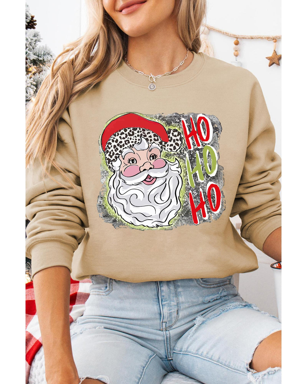 Khaki HOHOHO Santa Claus Drop Shoulder Christmas Sweatshirt - L