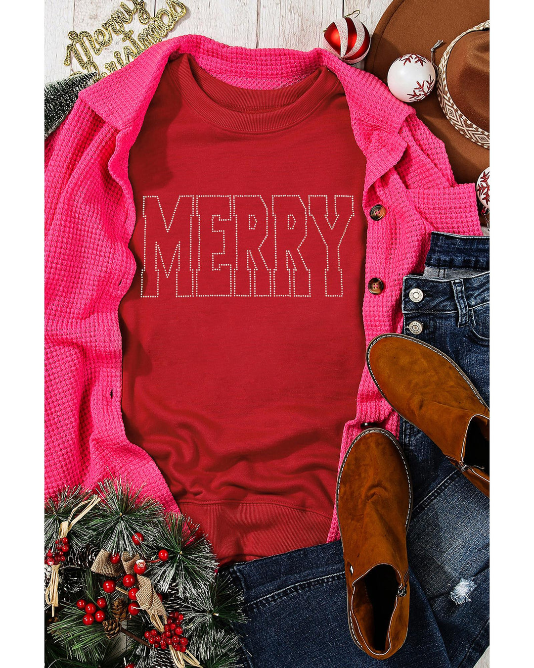 Red Rhinestone MERRY Letter Graphic Christmas Fashion Sweatshirt - 2XL