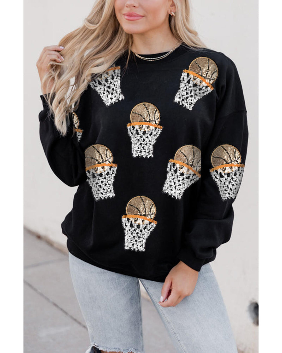 Black Basketball Patched Game Day Crew Neck Graphic Sweatshirt - L