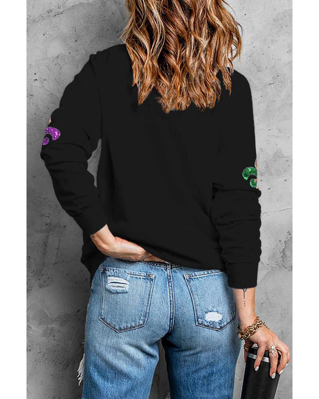 Black Ceramic Rhinestone mardi gras Letter Graphic Sweatshirt - L