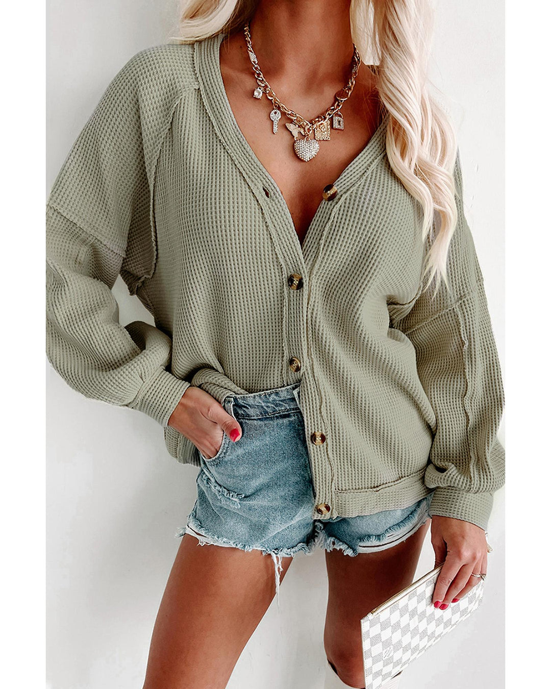 Azura Exchange Green Exposed Seam Buttons Front Waffle Knit Cardigan - M