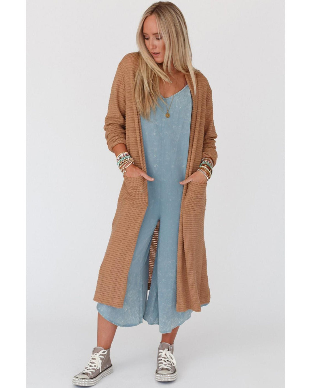 Chestnut Long Waffle Knit Cardigan with Pockets - M