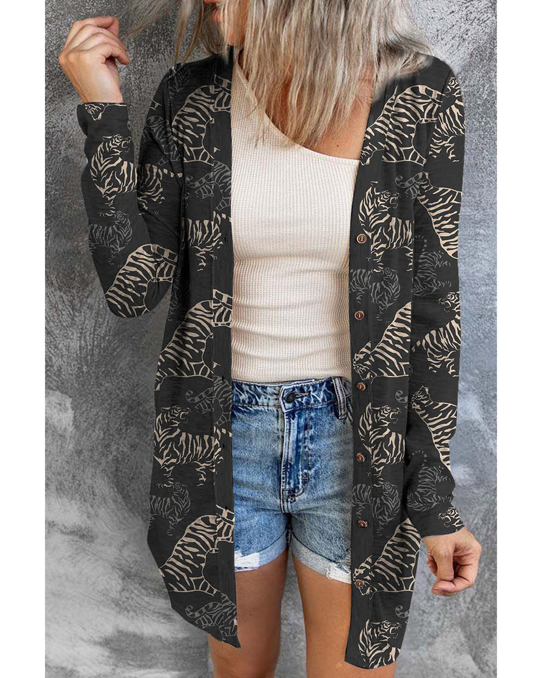 Black Wild Tiger Print Button Front Cardigan - M