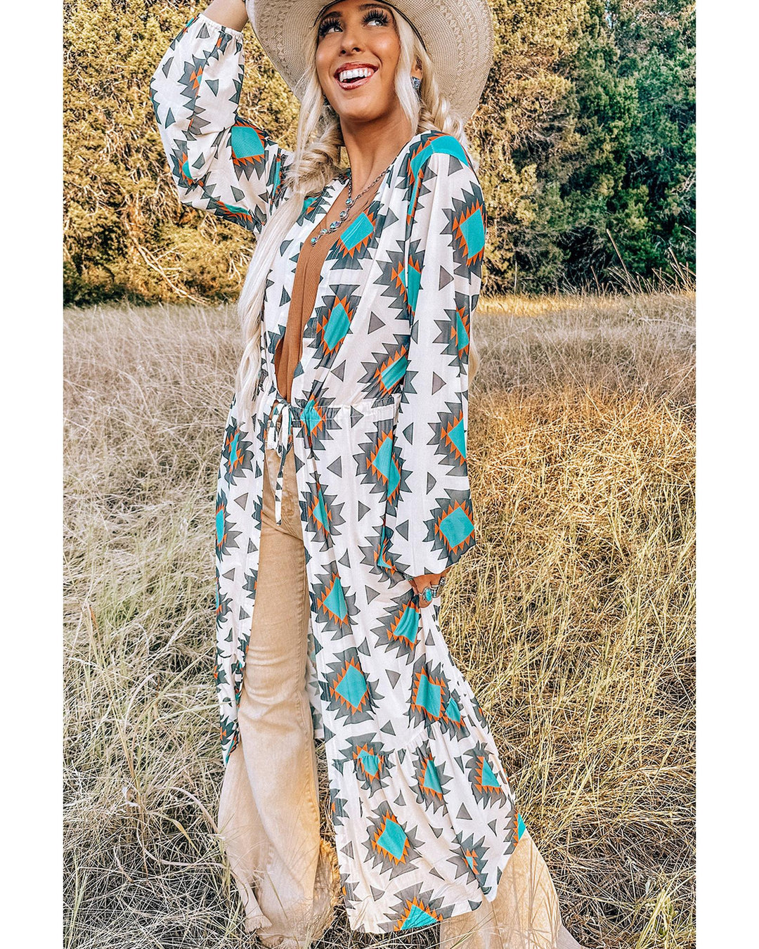 White Western Aztec Print Duster Open Front Top - M