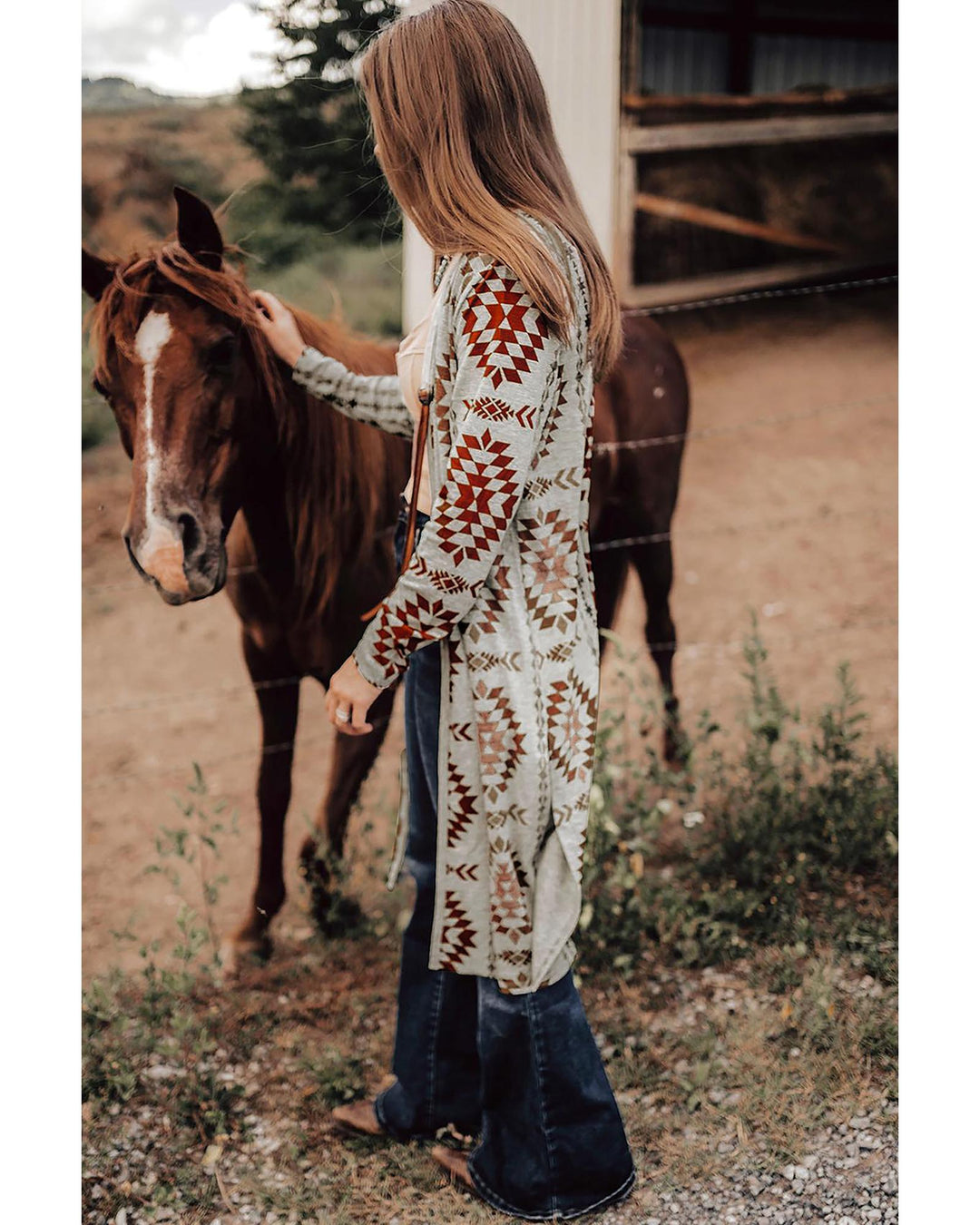 Brown Western Aztec Printed Open Front Long Cardigan - S