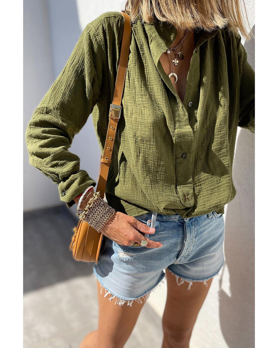 Jungle Green Crinkle Textured Button Up Long Sleeve Shirt - M