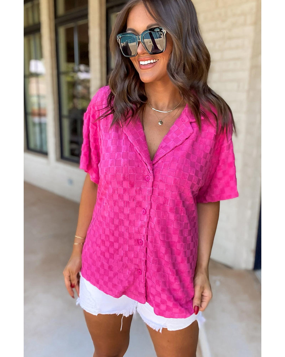 Bright Pink Lapel Neck Checkered Textured Short Sleeve Shirt - XL
