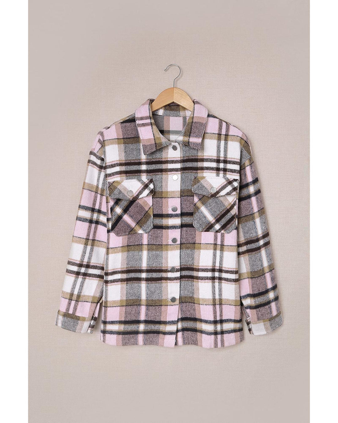 Azura Exchange Pink Geometric Plaid Print Pocketed Shacket - L