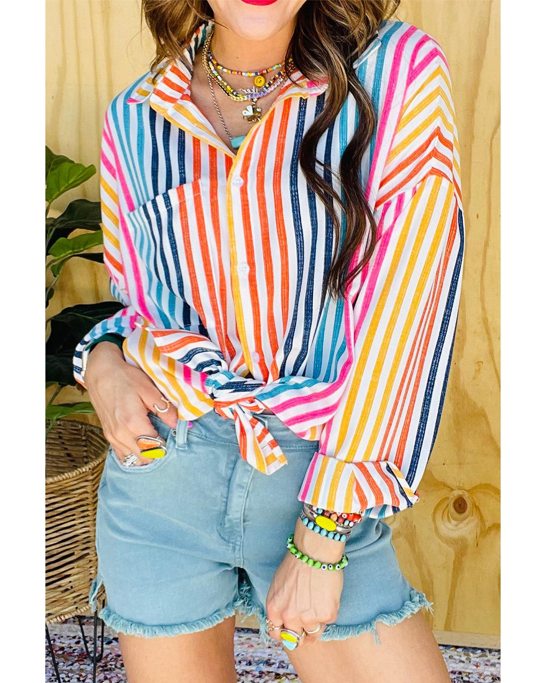 Orange Stripe Multicolor Drop Shoulder Loose Shirt - S