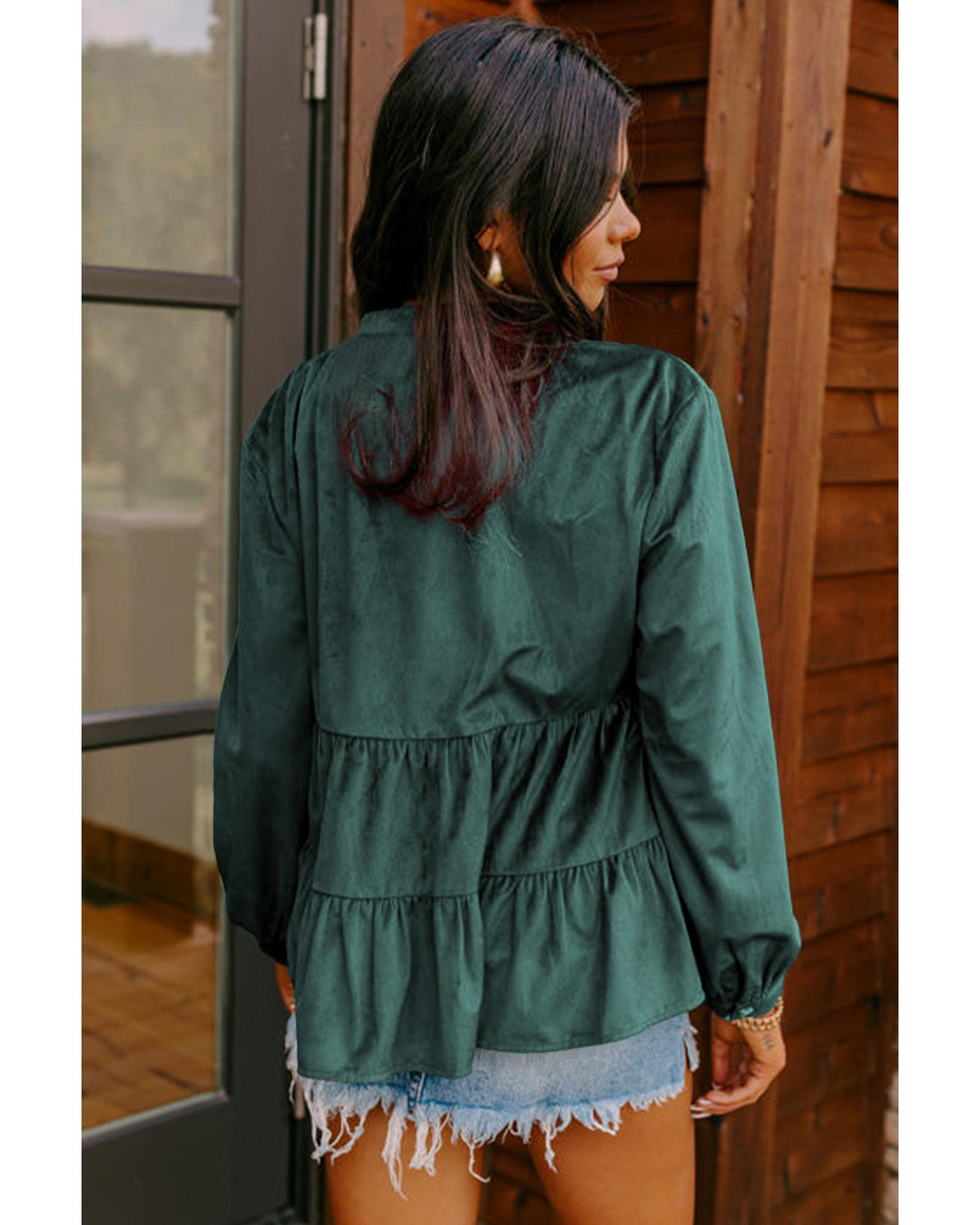 Skobeloff Corduroy Ruffle Tiered Buttoned O Neck Shirt - 2XL