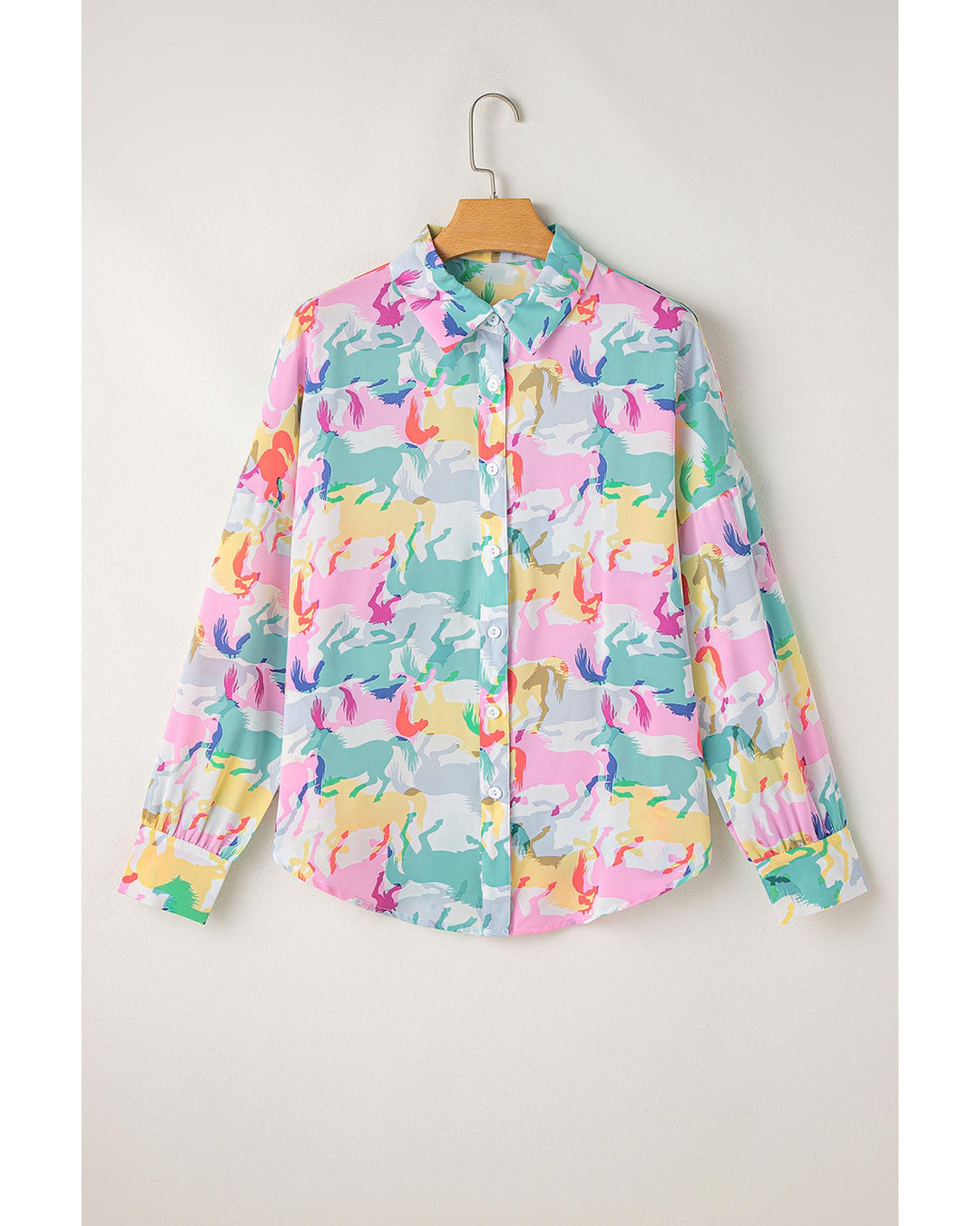 White Colorful Horse Printed Long Sleeve Button Up Casual Shirt - XL