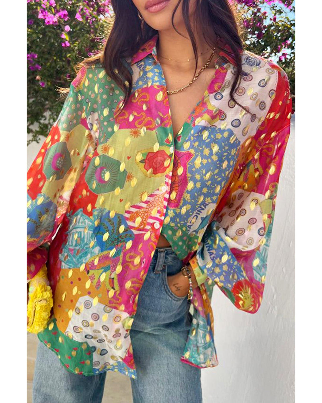 Rose Red Colorblock Abstract Print Button up Loose Shirt - XL