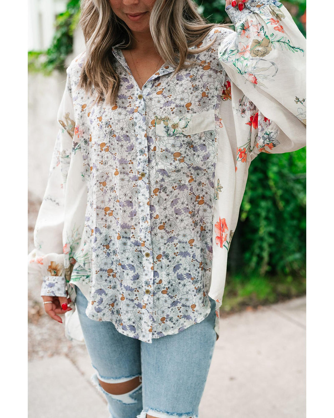 Purple Boho Floral Bishop Sleeve Button Up Loose Shirt - L