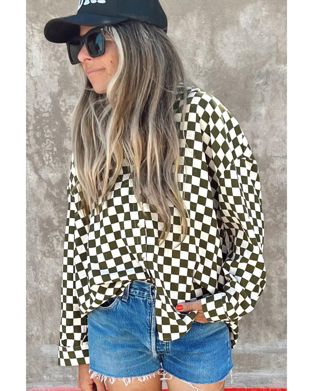 Green Checkerboard Printed Drop Shoulder Loose Casual Shirt - S