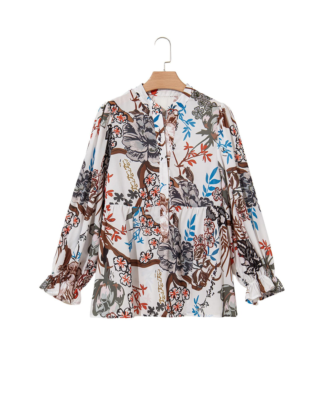 White Floral Print Balloon Sleeves Button Up Loose Casual Shirt - S