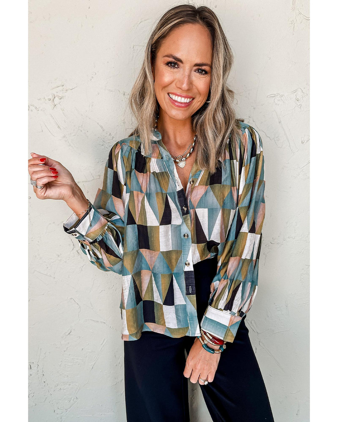 Green Geometric Print Buttoned Balloon Sleeve Loose Fit Shirt - S