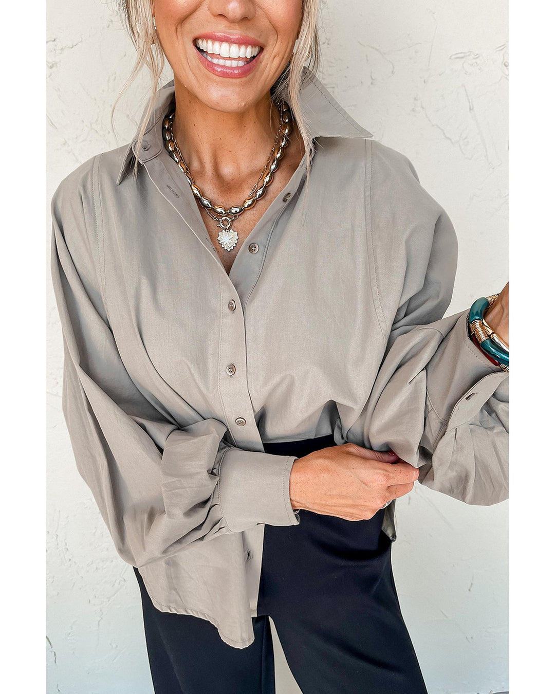 High Solid Color Balloon Sleeve Side Slits Loose Fit Shirt - M