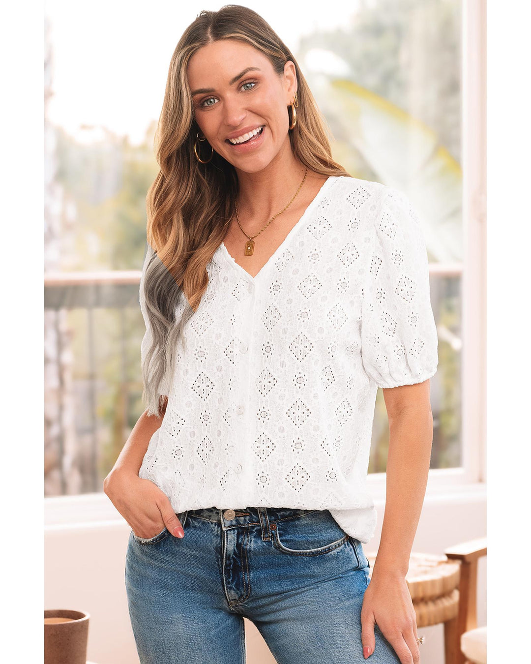 White Lace Puff Sleeve V Neck Button Up Shirt - M