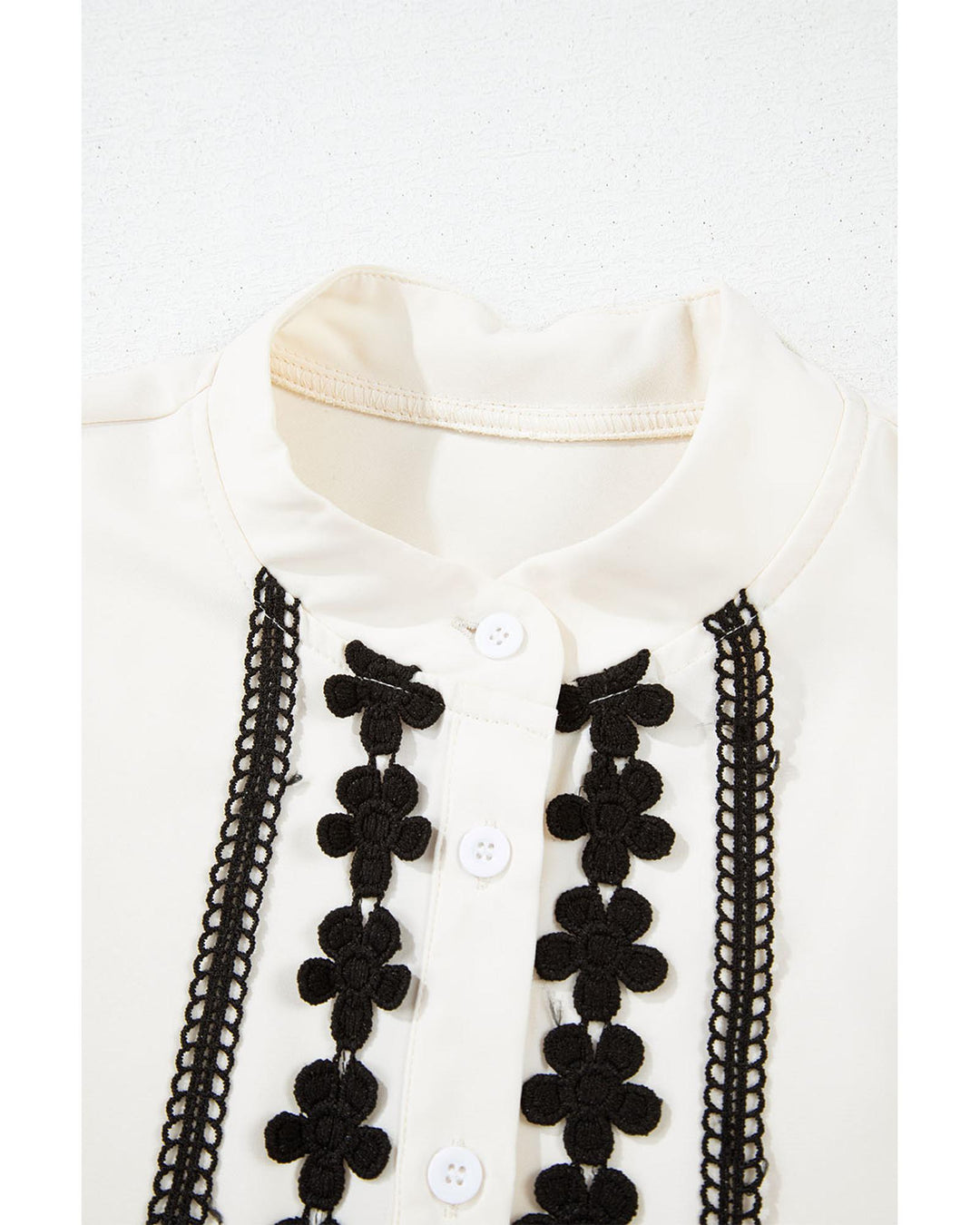 Beige Floral Embroidered Stand Neck Buttoned Shirt - S