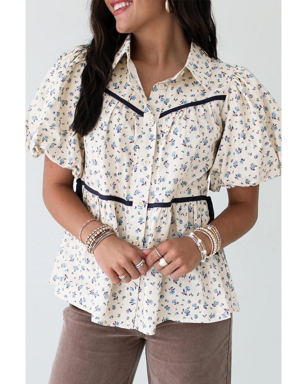 White Contrast Trim Floral Puff Short Sleeve Shirt - S
