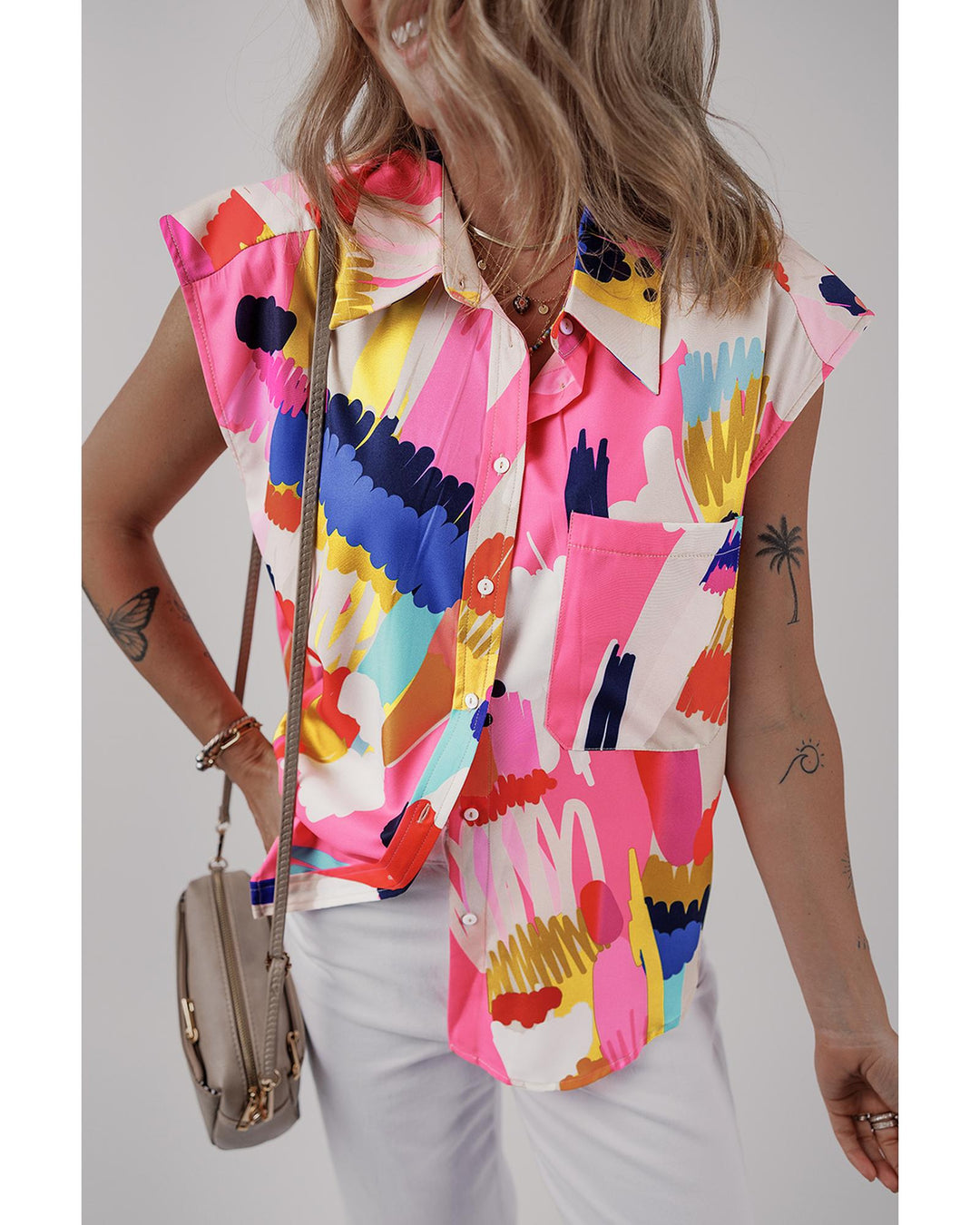 Multicolour Abstract Print Collared Cap Sleeve Casual Shirt - XL