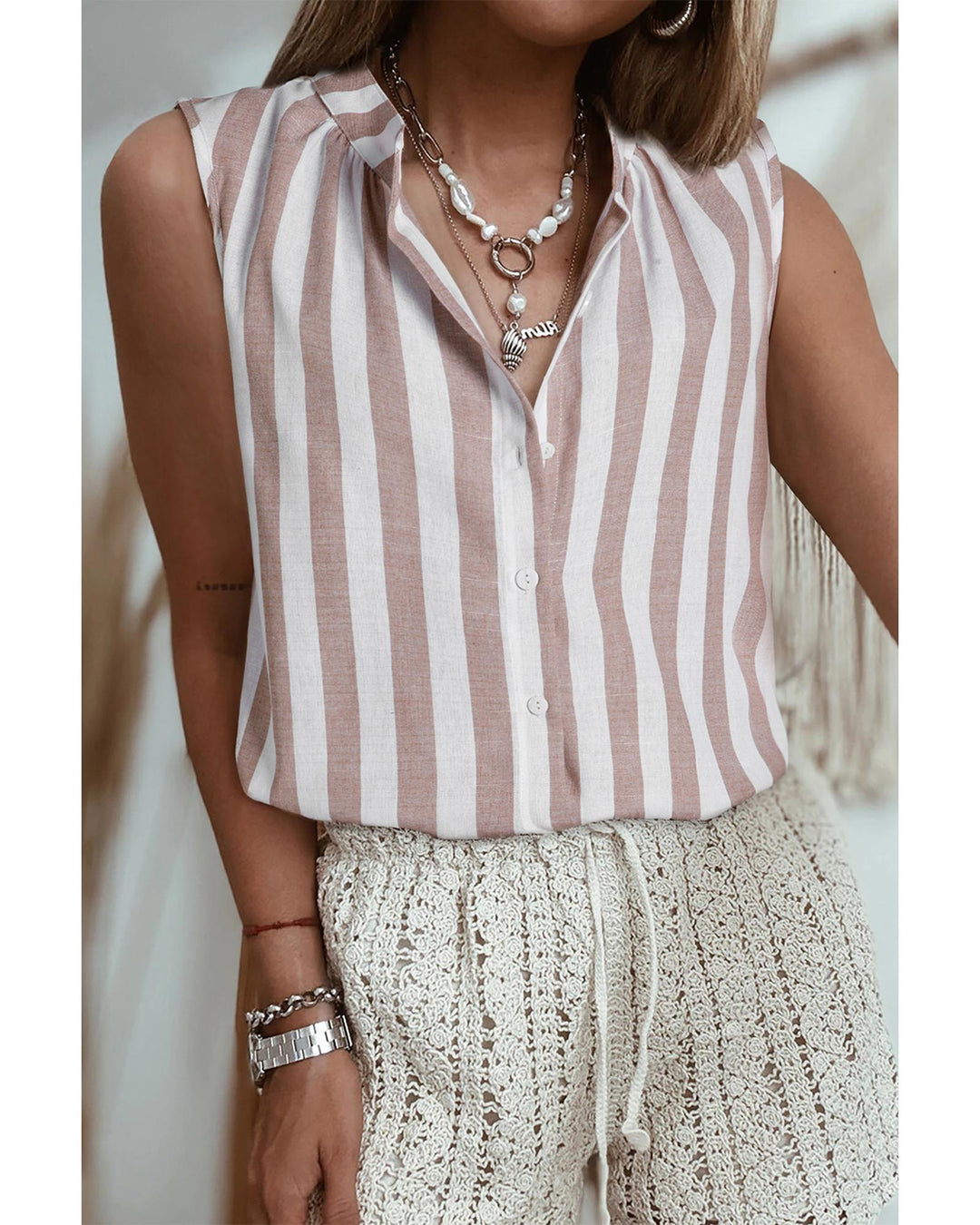 Khaki Stripe Casual Button Down Sleeveless Shirt - L