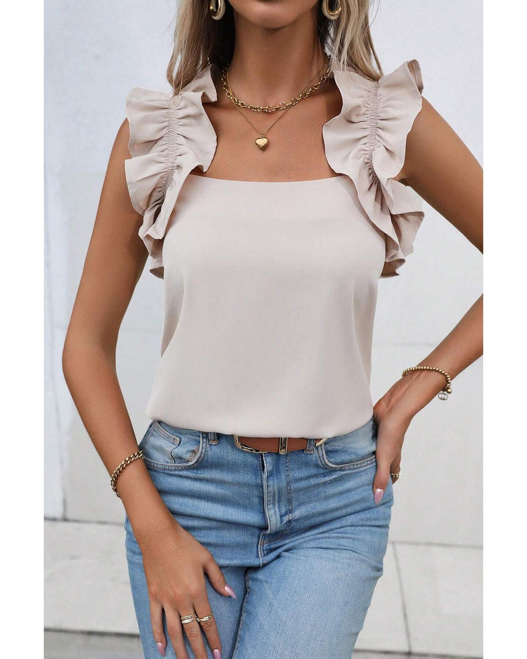 Oatmeal Solid Ruffle Trim Sleeveless Top - L