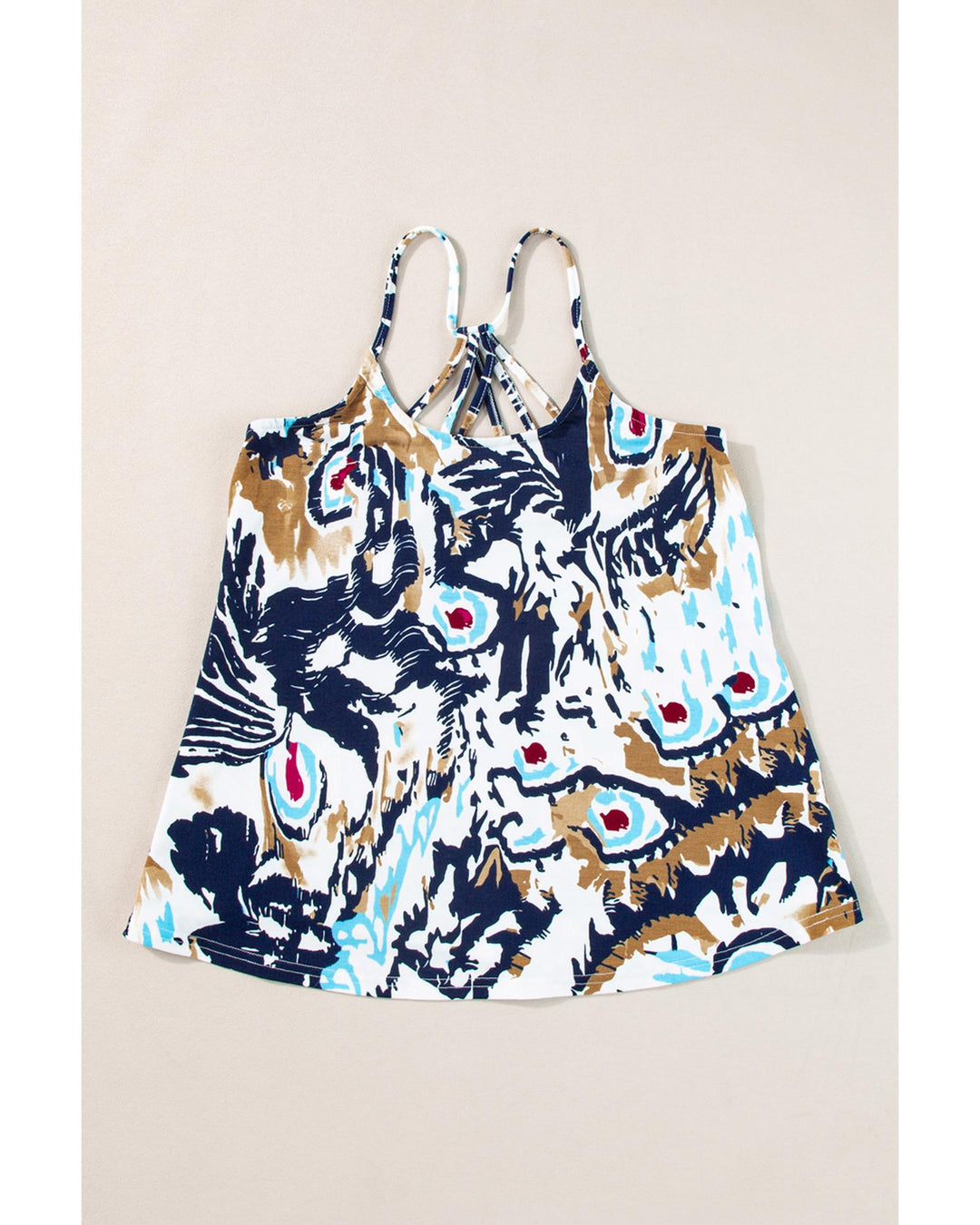 Beige Floral Spaghetti Straps Strappy Back Tank Top - M
