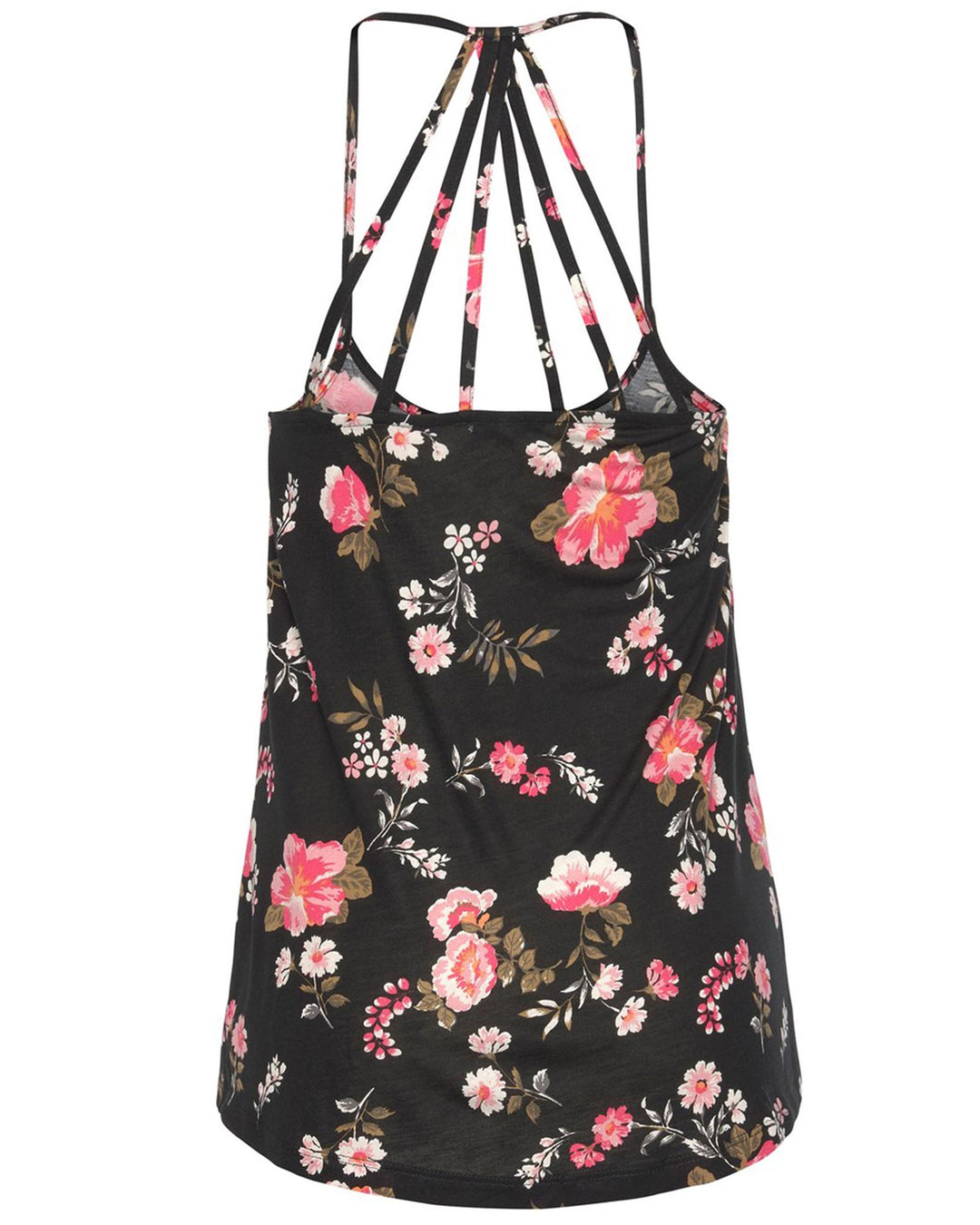 Black Floral Spaghetti Straps Strappy Back Tank Top - S
